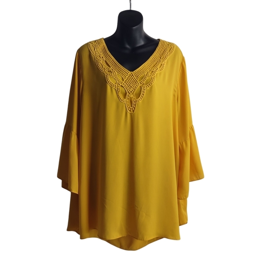 C Est. 1946 Blouse Women's Yellow/Gold Lace V-Neck 3/4 Flare Sleeve Sz 18/20W
